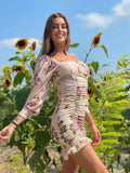 Abito arricciato con fiori rosa