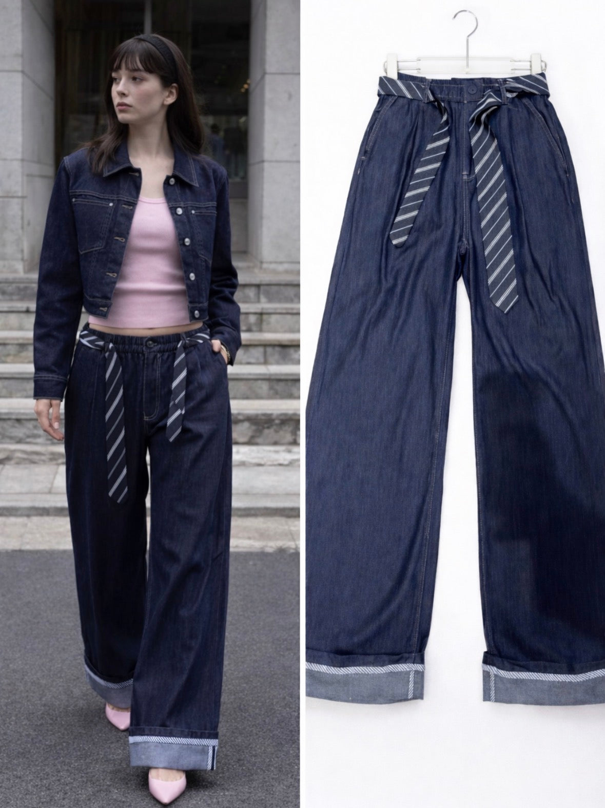Pantalone con cravatta e risvolto