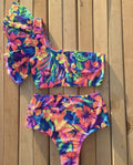 Bikini monospalla con rouge vita alta floreale