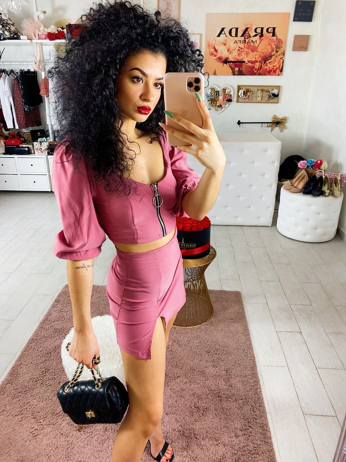 Completo top e gonna rosa manica bombata