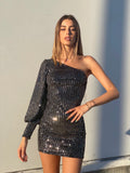 Abito con paillettes monospalla nero