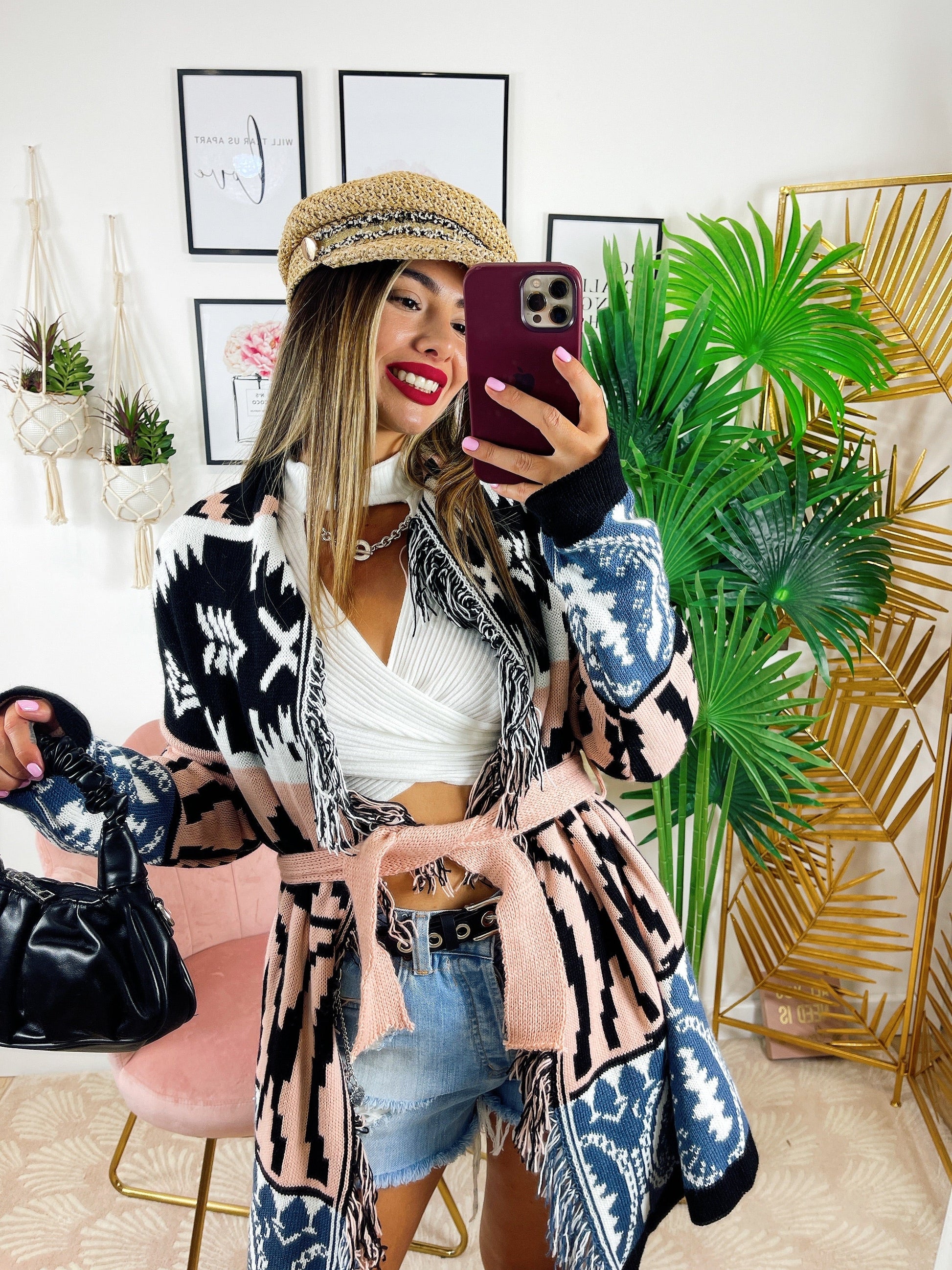 Cardigan con frange e cinta dettaglio Cipria