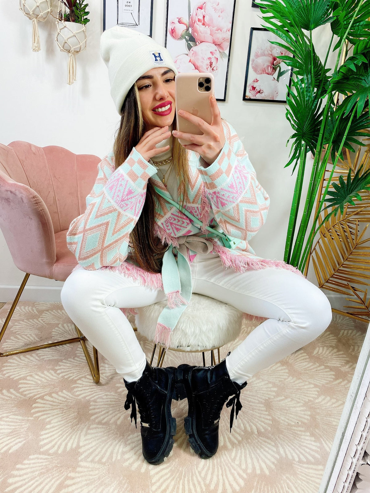 Cardigan con frange Verdeacqua e Rosa