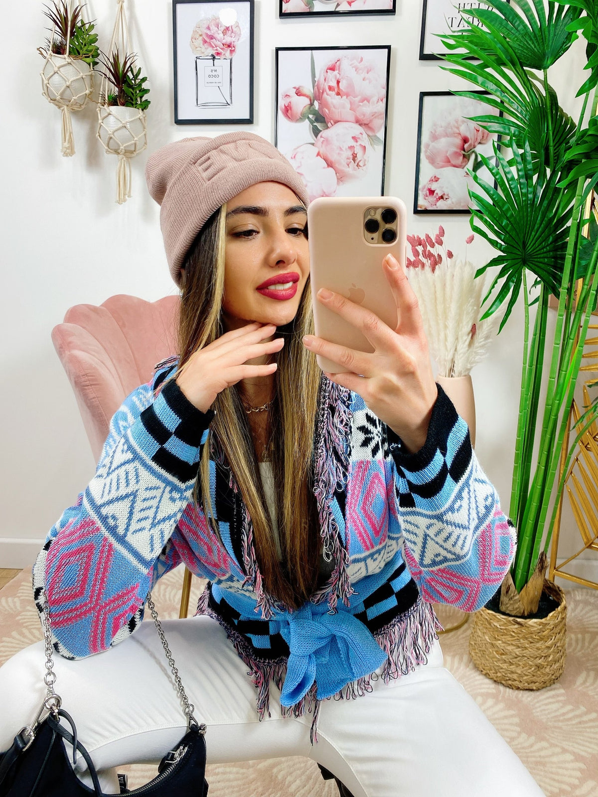 Cardigan corto frange e cinta base celeste