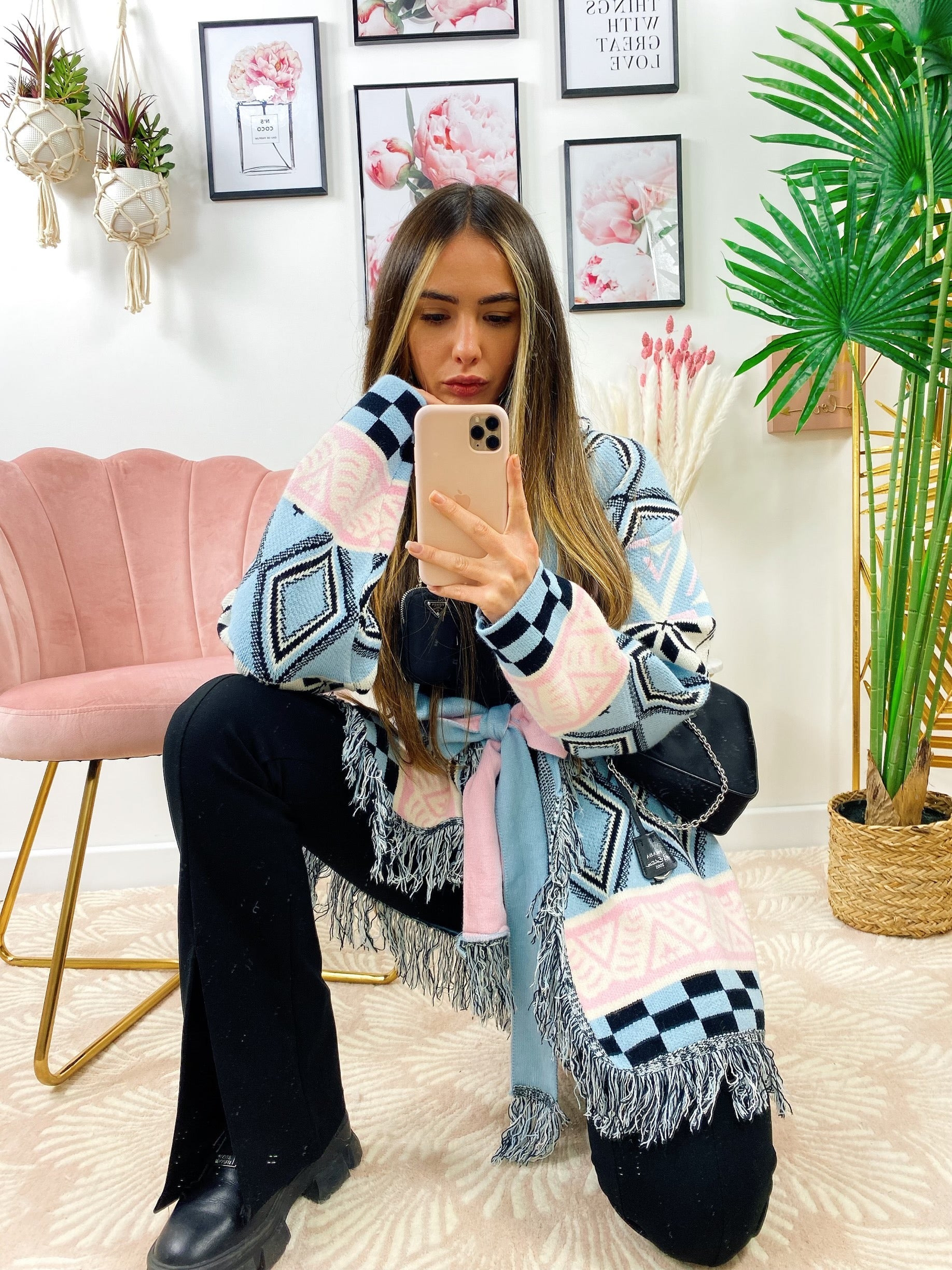 Cardigan frange e cinta celeste