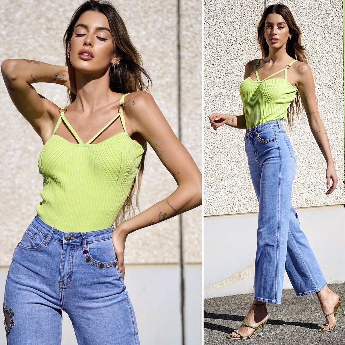 Top verde con anelli oro