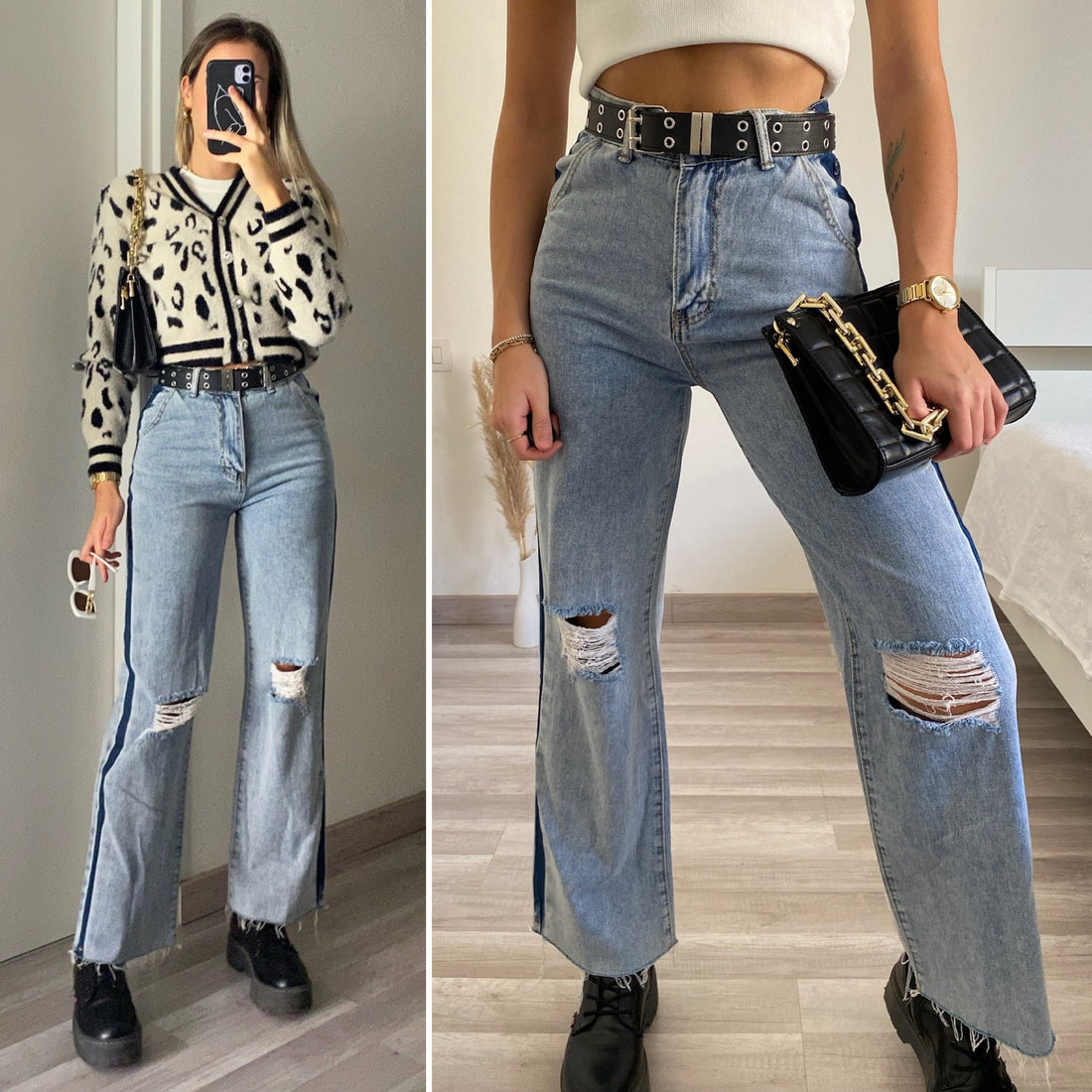 Jeans wide leg con strappi e dettaglio
