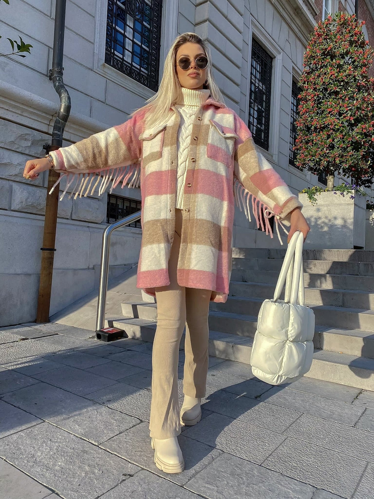 Giacca a quadri Rosa lunga con frange