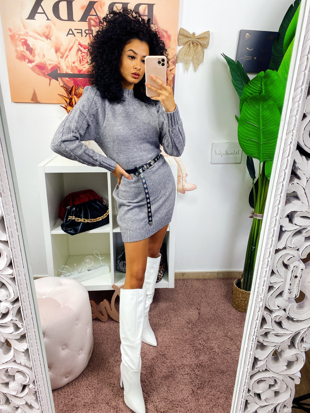 Abito in maglia con trecce e spalline Grigio