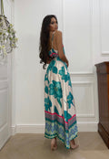 Abito in raso con maxi spacco fiori Verdeacqua