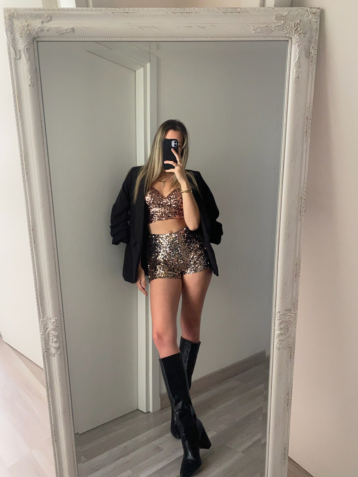 Completo top e short paillettes bronzo