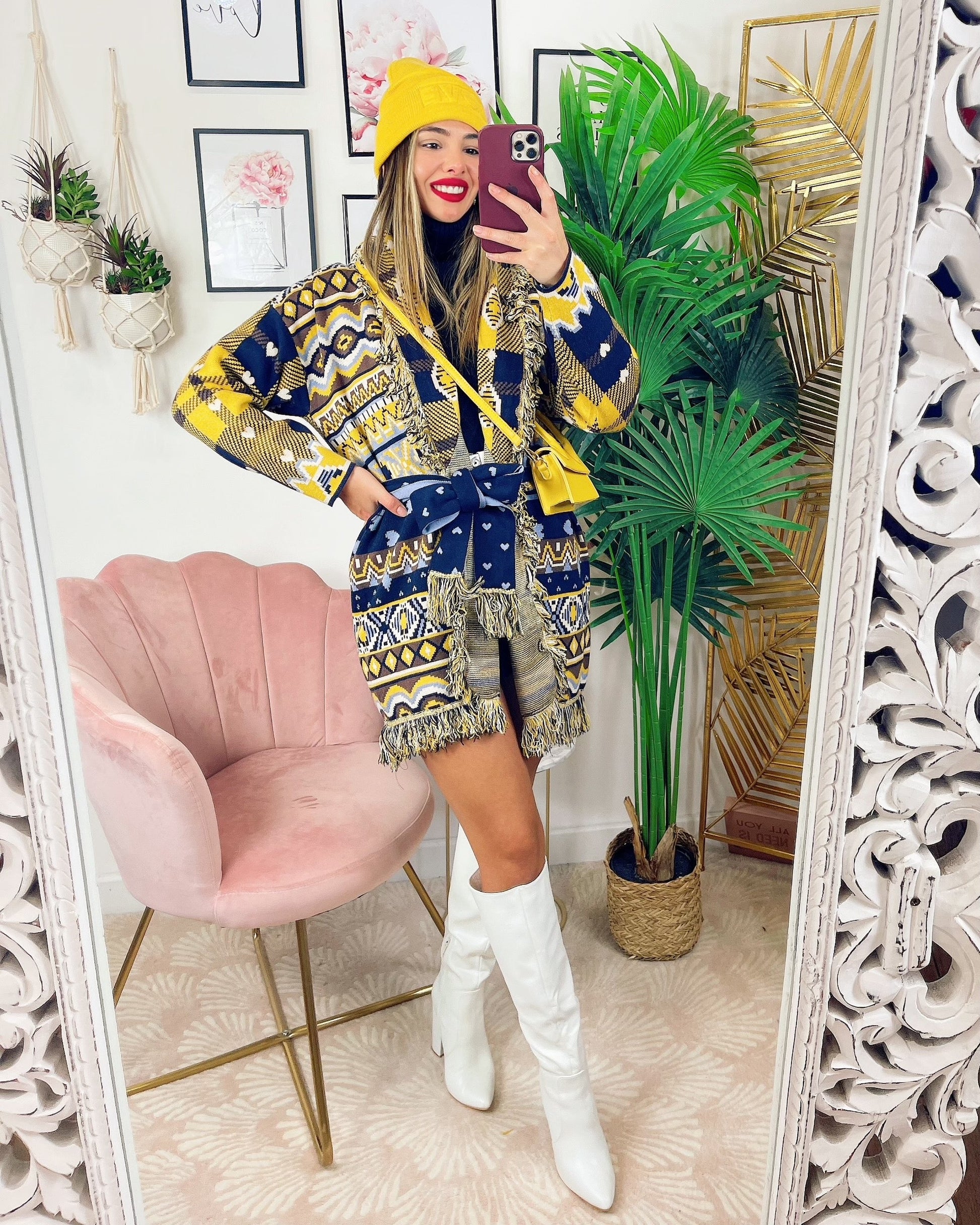 Cardigan con frange e cuori Giallo celeste