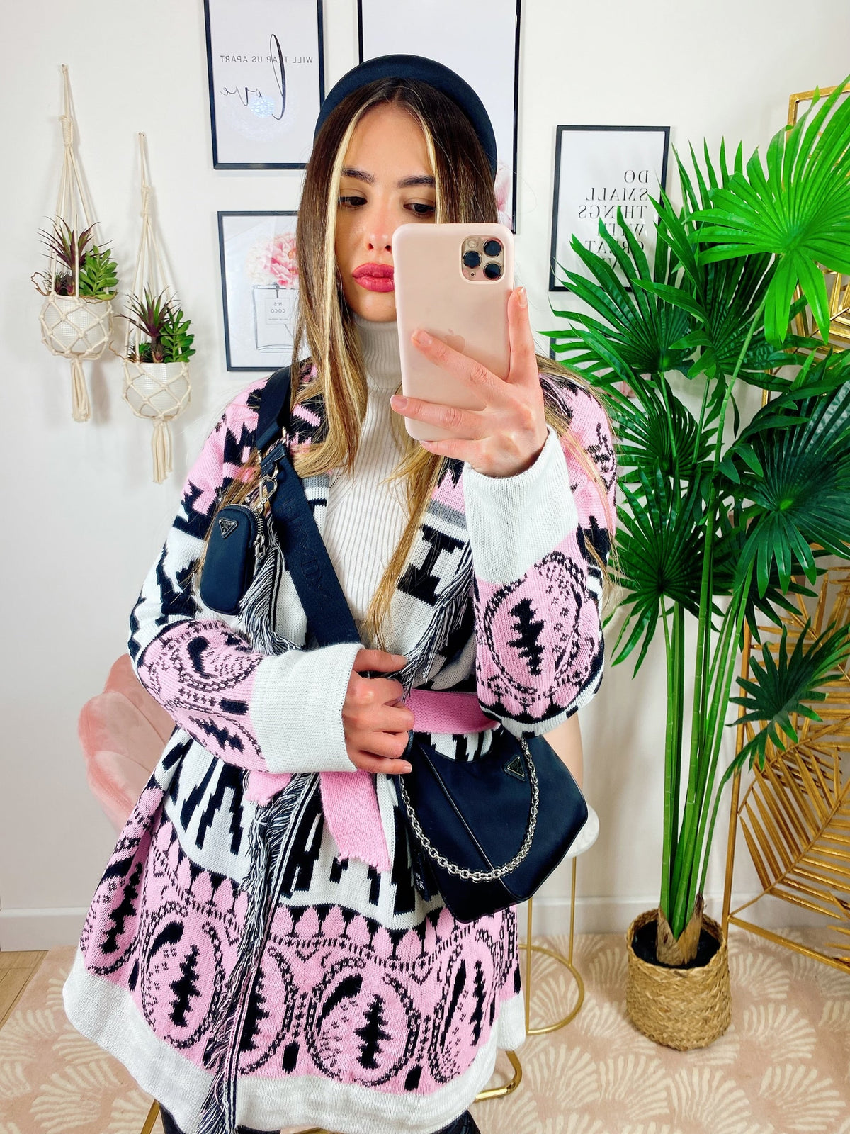 Cardigan Rosa Angel con frange e cinta