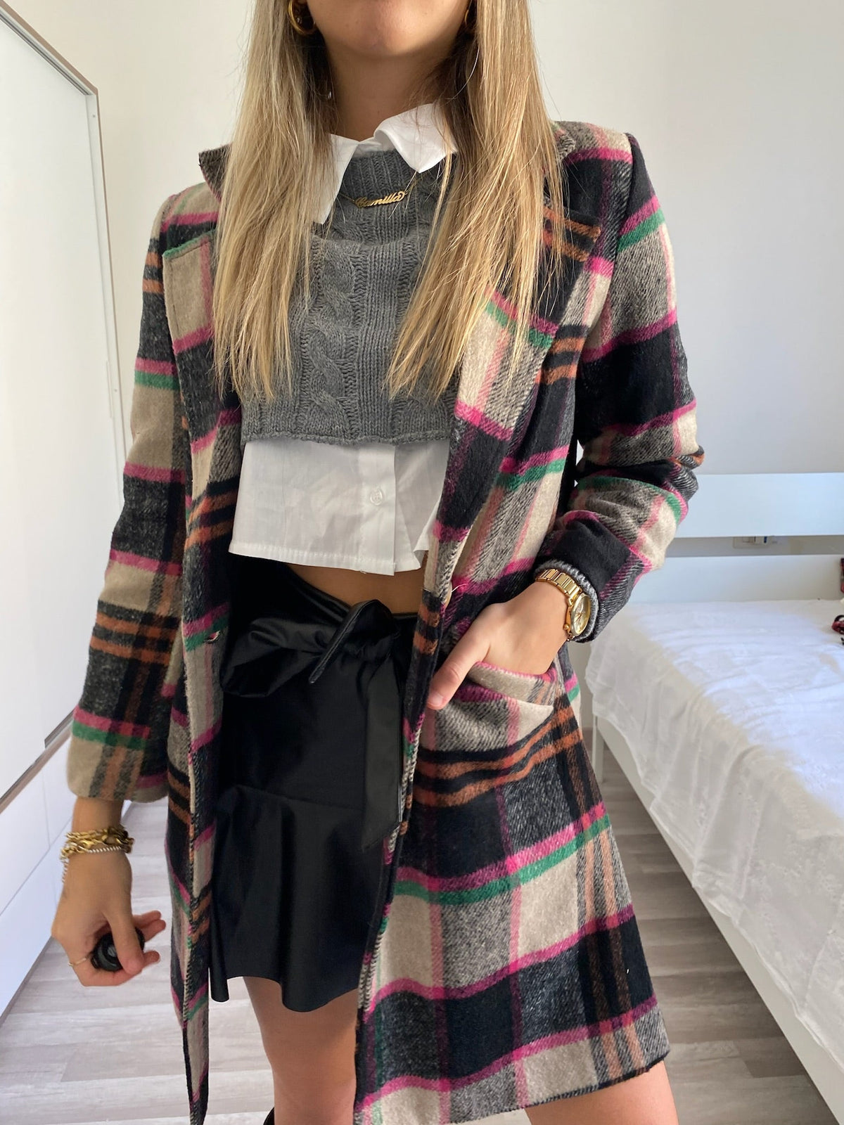 Cappotto check trama nude Fuxia
