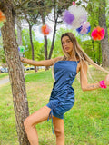 Abito in raso con arricciature blu petrolio