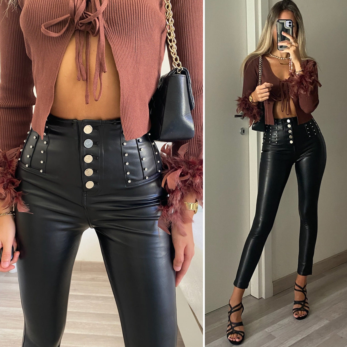 Pantalone in ecopelle con strass