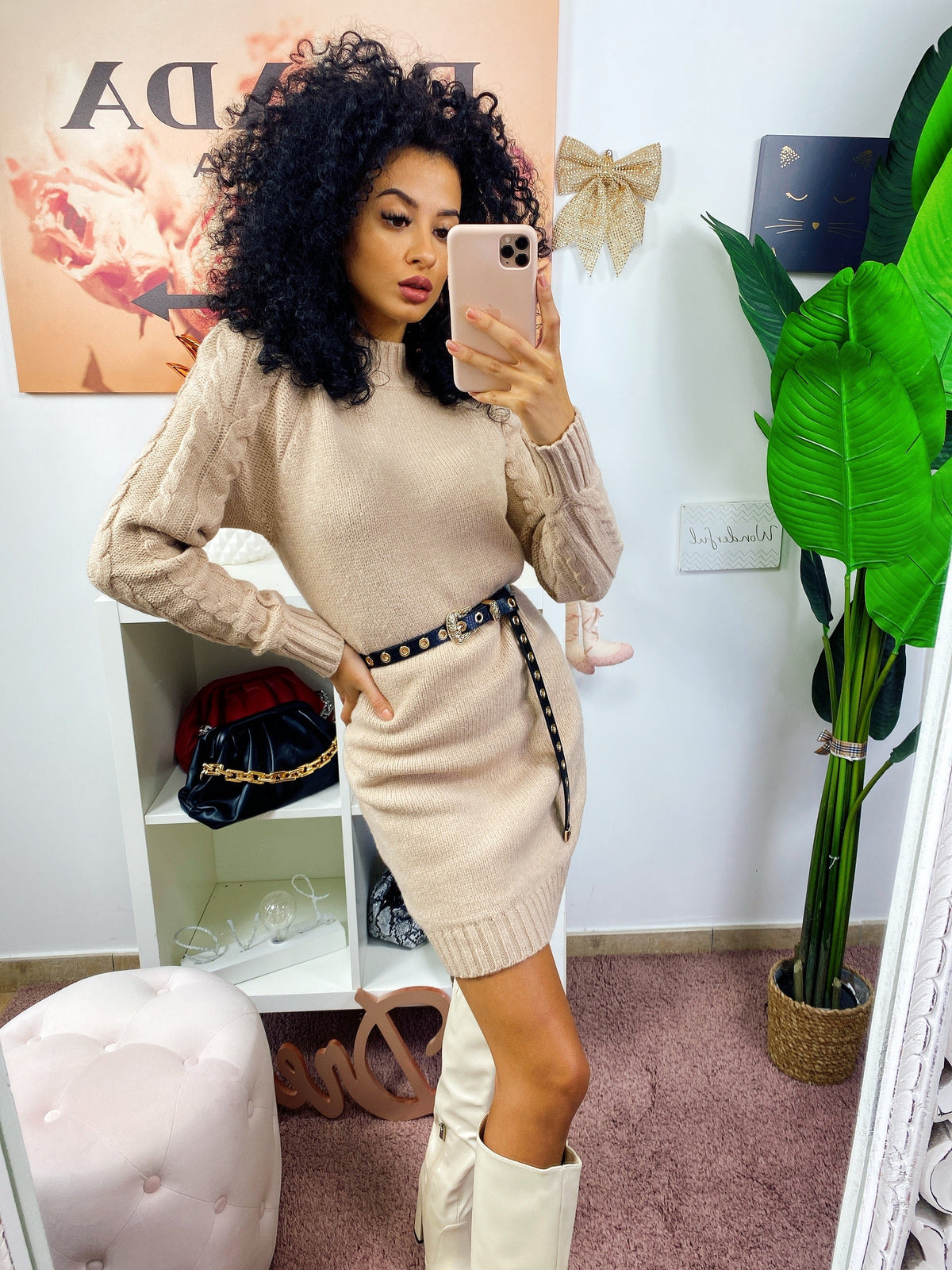 Abito in maglia con trecce e spalline Beige