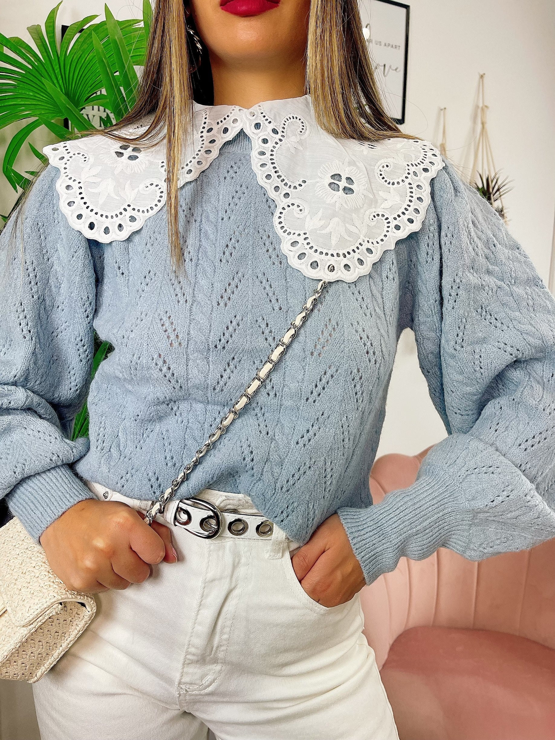 Maglione top quality collo Camicetta celeste