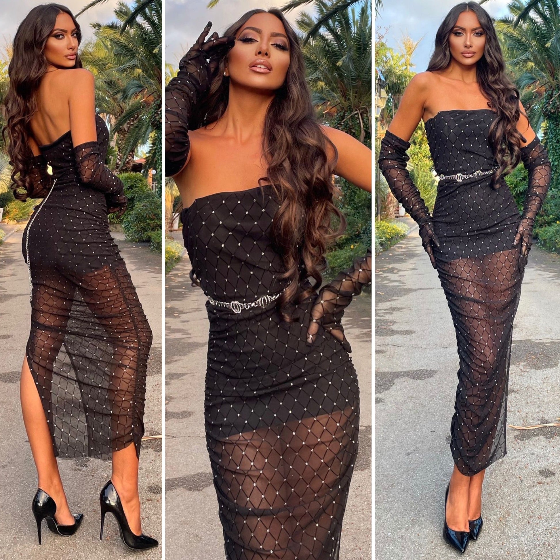 Abito midi con trasparenze e pois