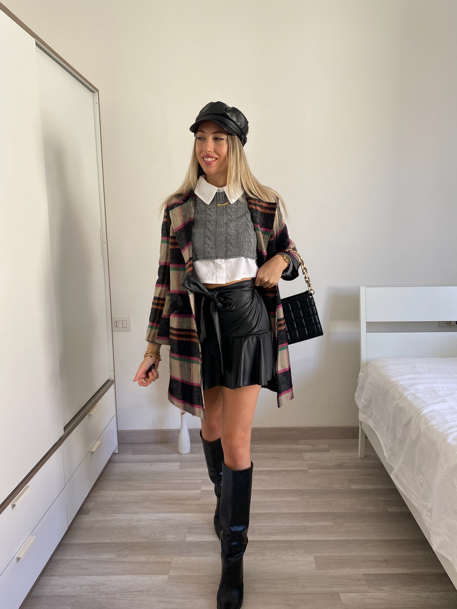Cappotto check trama nude Fuxia