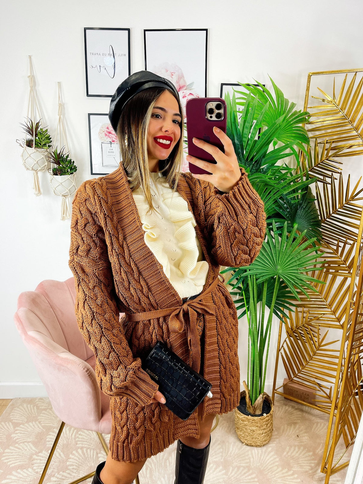 Cardigan Camel con trecce e cintura