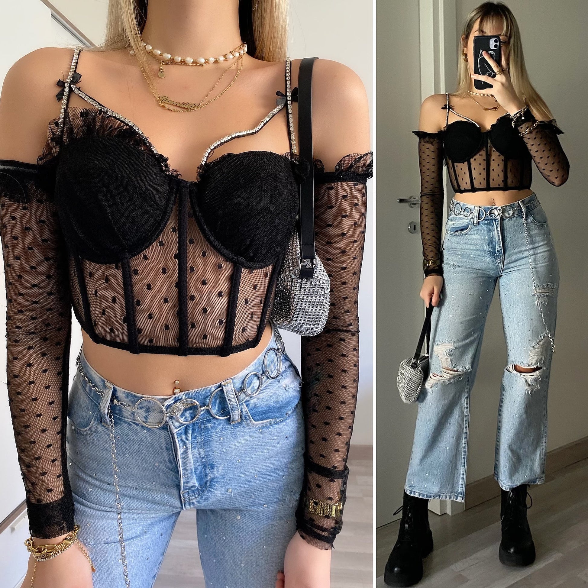 Top nero in velo e strass