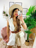 Tutina a Blazer bicolor con borsetta beige