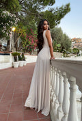 Abito lungo beige con scollo a V