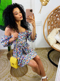 Abito a fiori con scollo a barchetta celestino