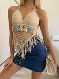 Top crochet beige con frange
