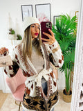 Cardigan Camel/Black con frange e cinta