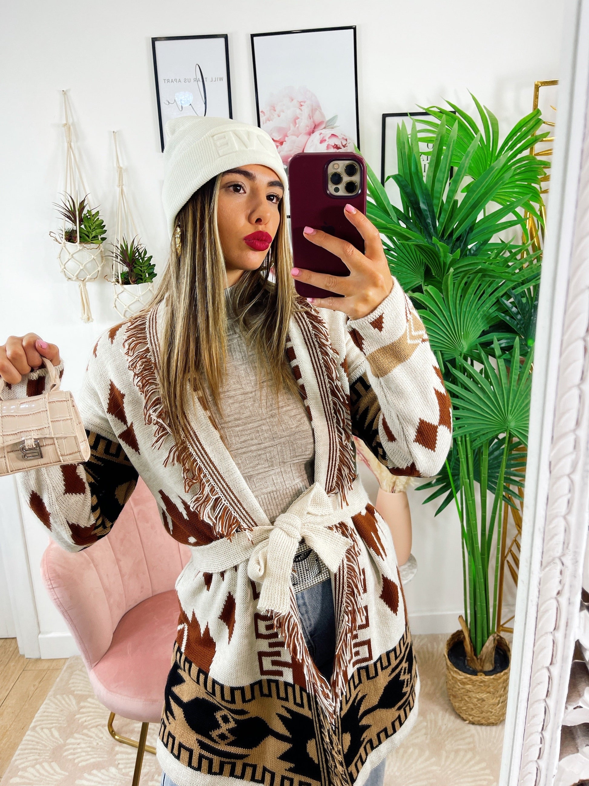 Cardigan Camel/Black con frange e cinta