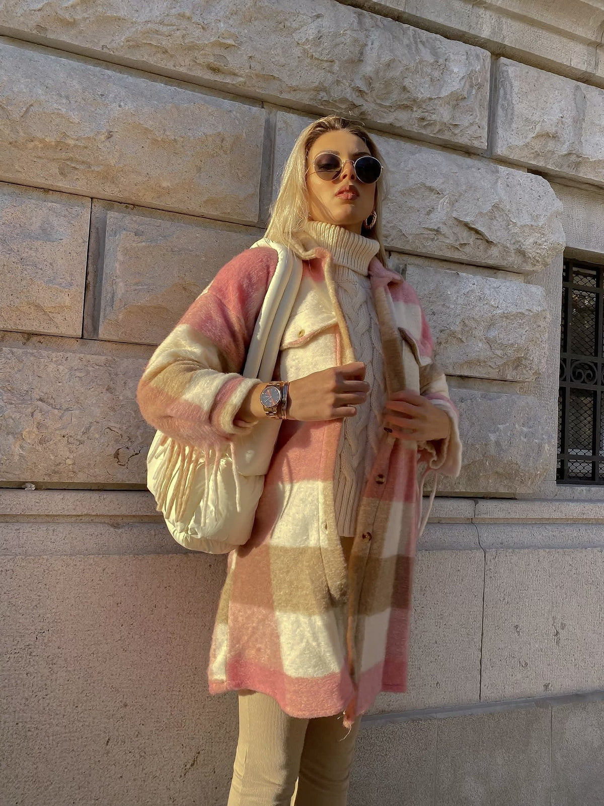 Giacca a quadri Rosa lunga con frange