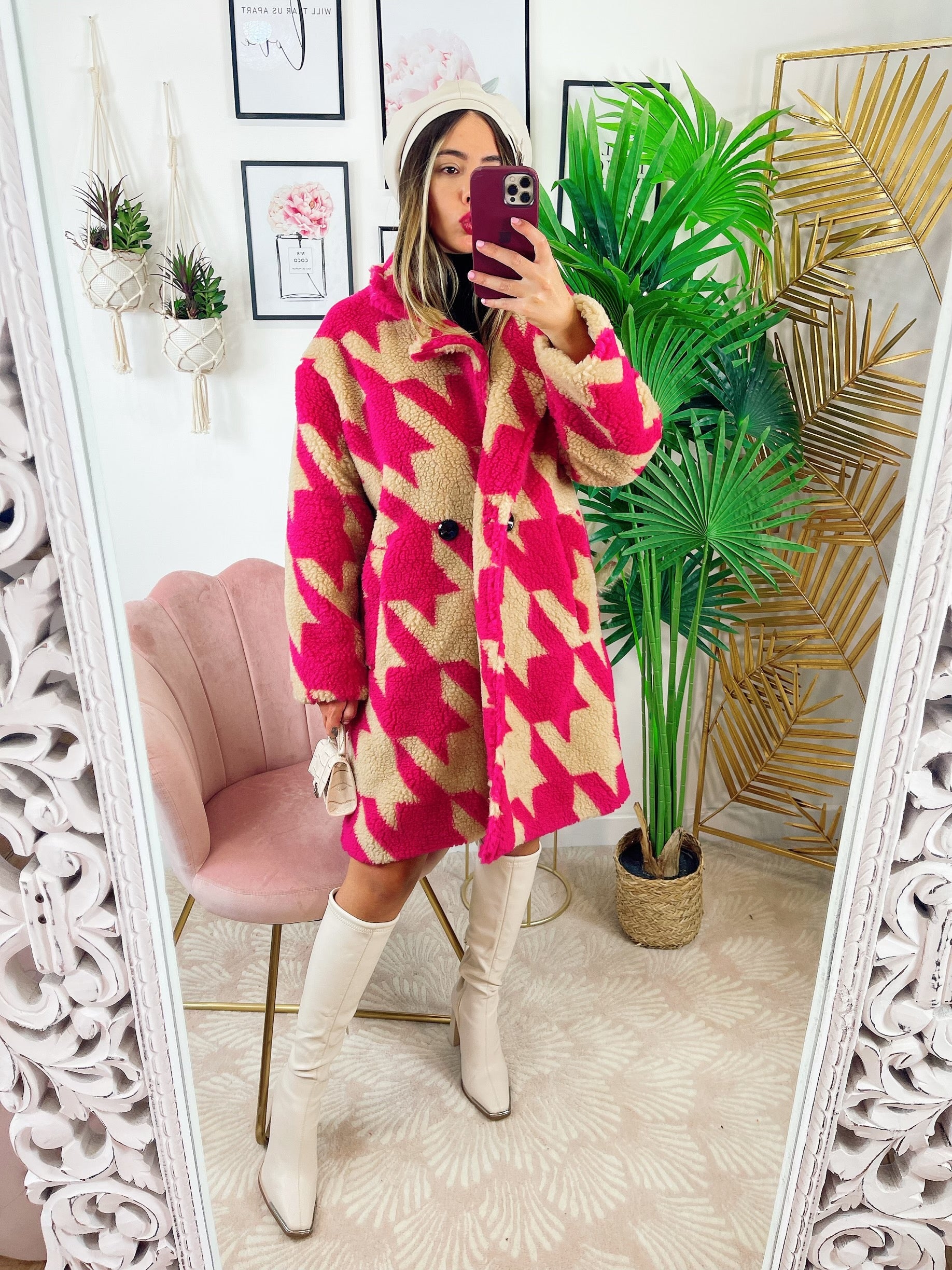 Cappotto pied de poule dettaglio fucsia