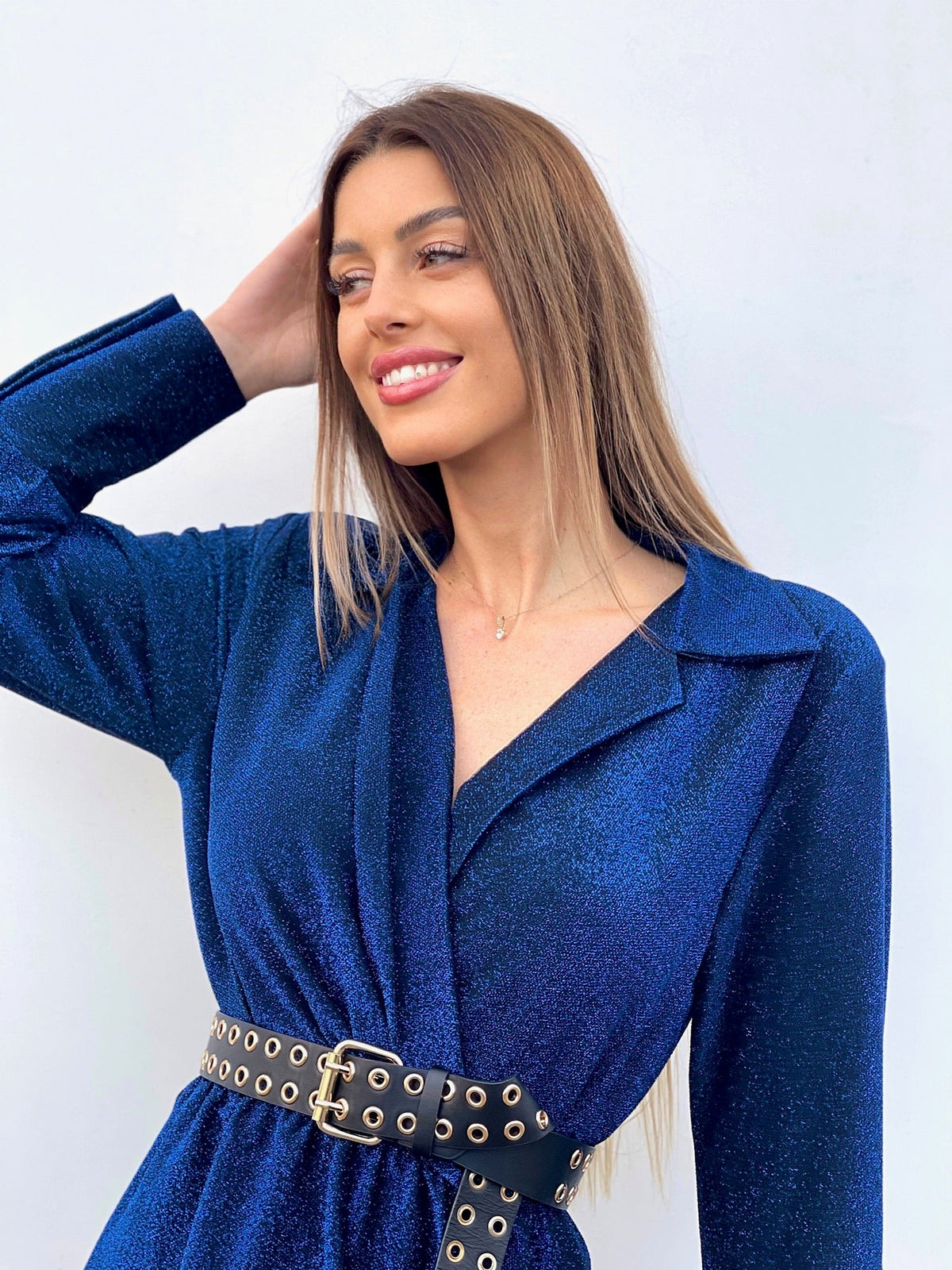 Abito glitter blu con colletto