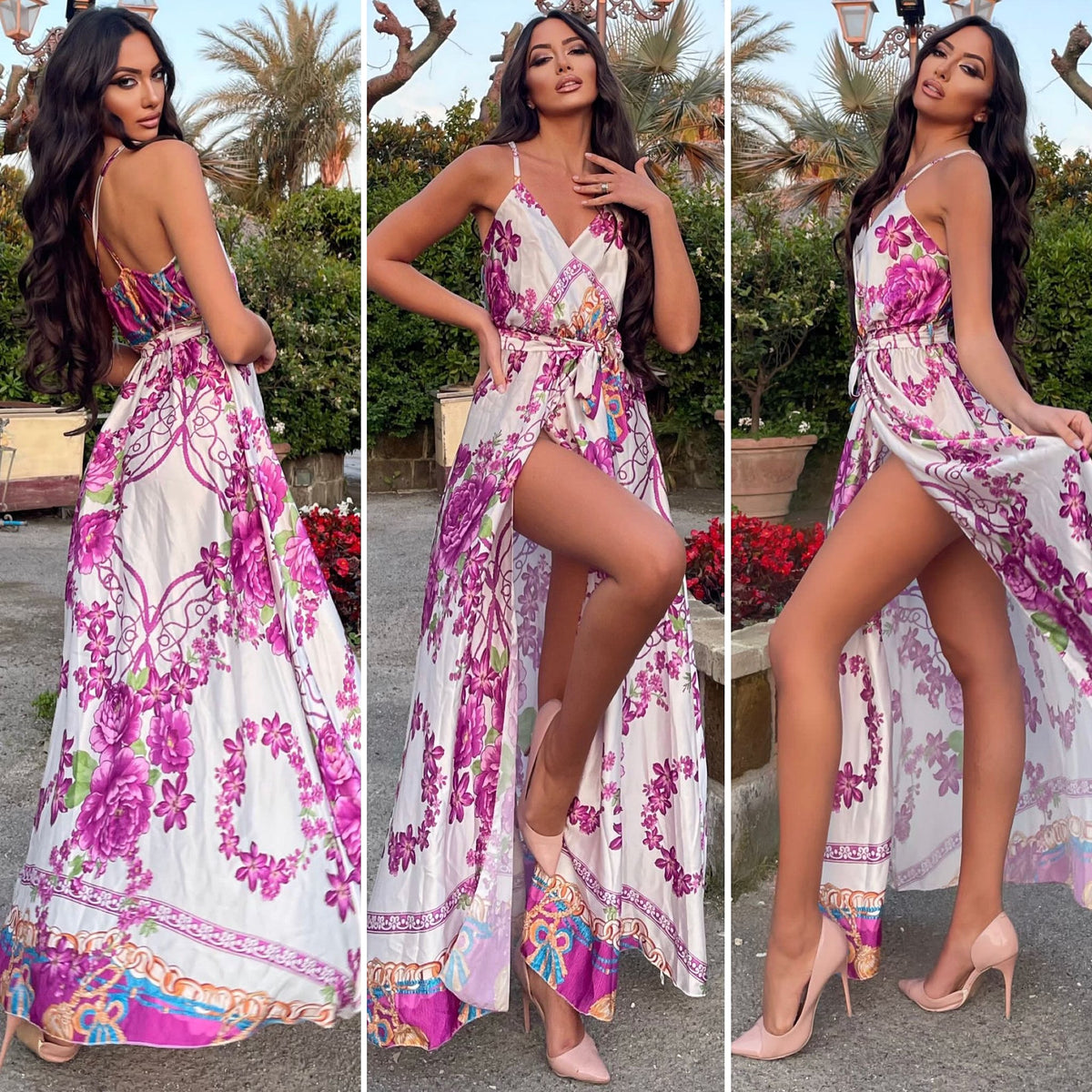 Abito con spacco fiori Fuxia