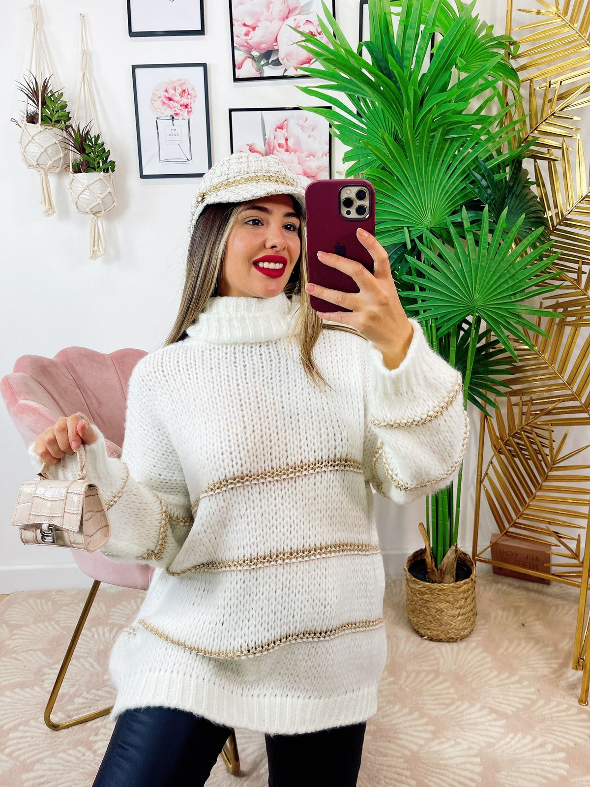 Maglione a collo alto Bianco dettaglio oro