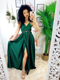 Abito in raso con maxi spacco verde bottiglia