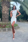 Abito in maglia con spalline in strass bianco