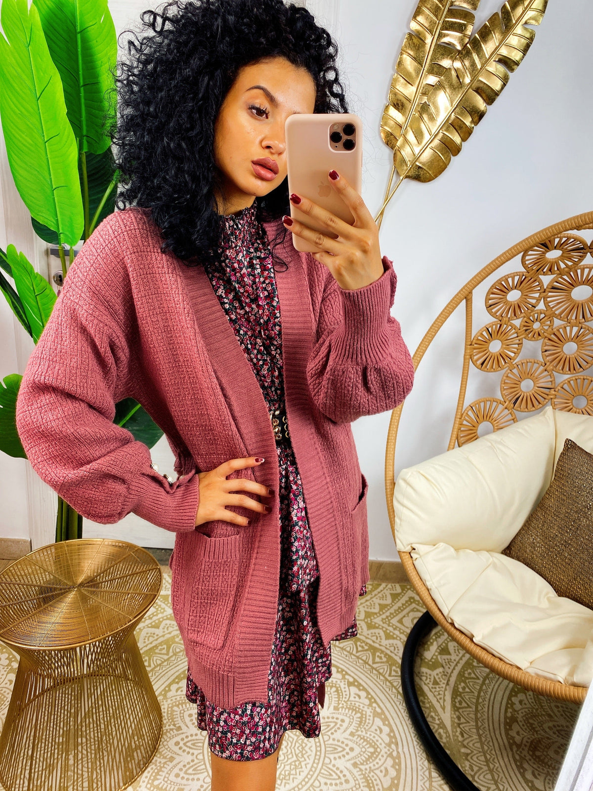 Cardigan manica lunga con perle peonia