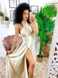 Abito in raso con maxi spacco incrociato beige