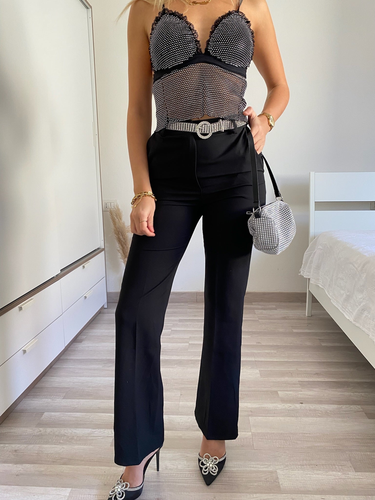 Completo giacca e pantalone frange paillettes nero