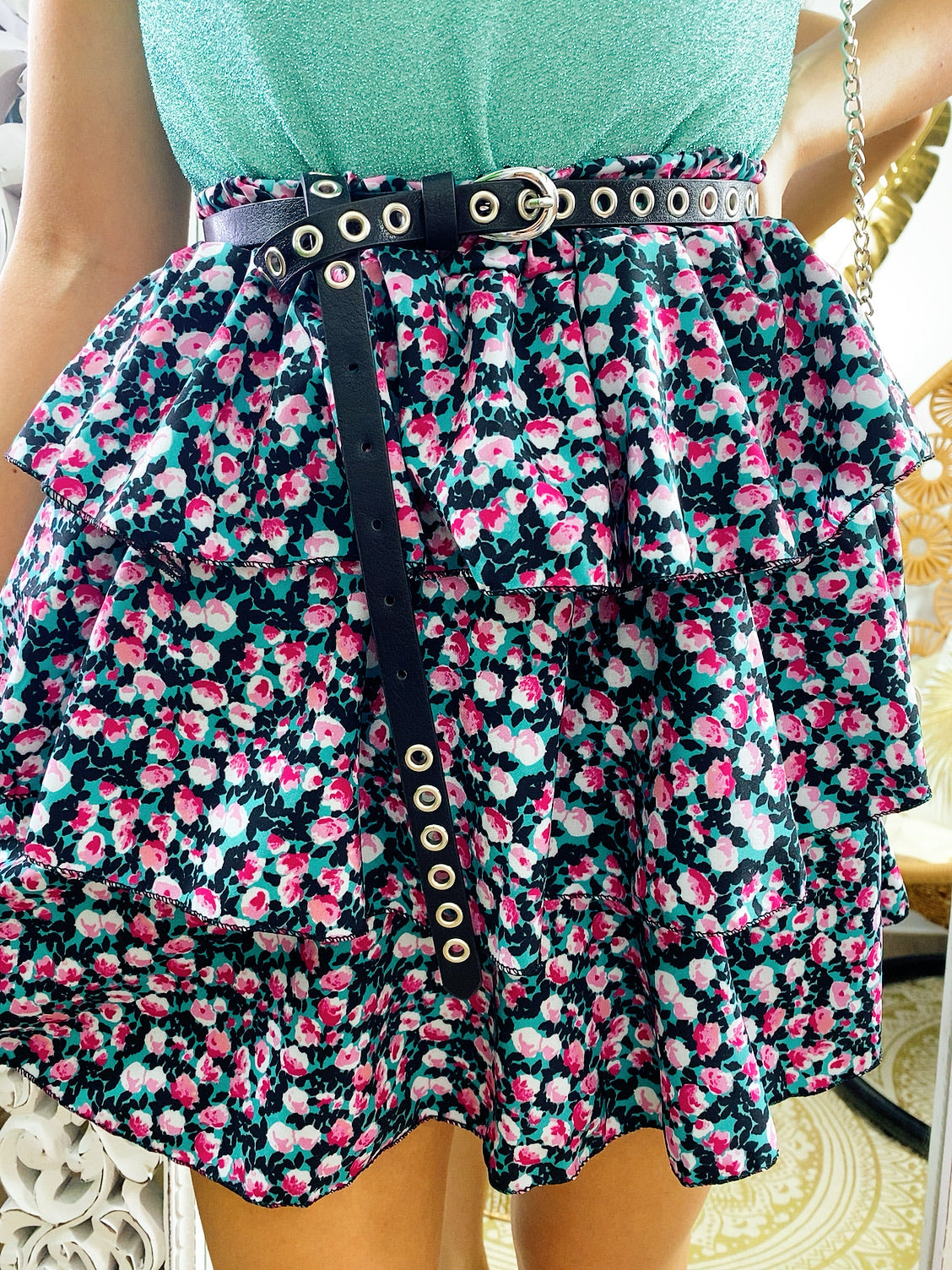Gonna a balze con fiori verdeacqua e Fuxia