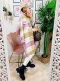 Giacca a quadri lilla/beige lunga con frange
