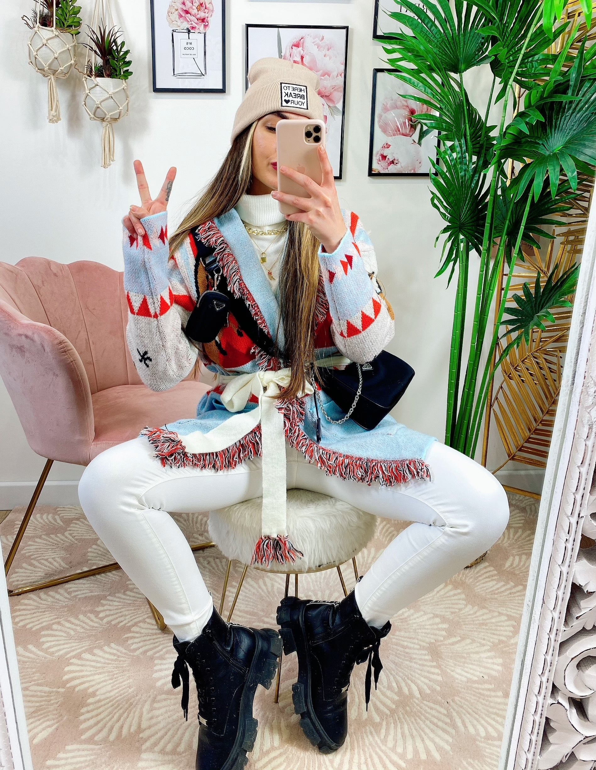 Cardigan con frange stampa cavallo Celeste