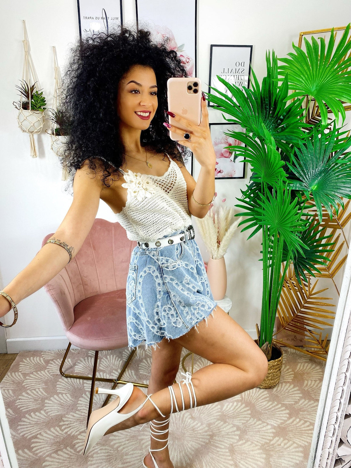 Short in jeans stampa catena