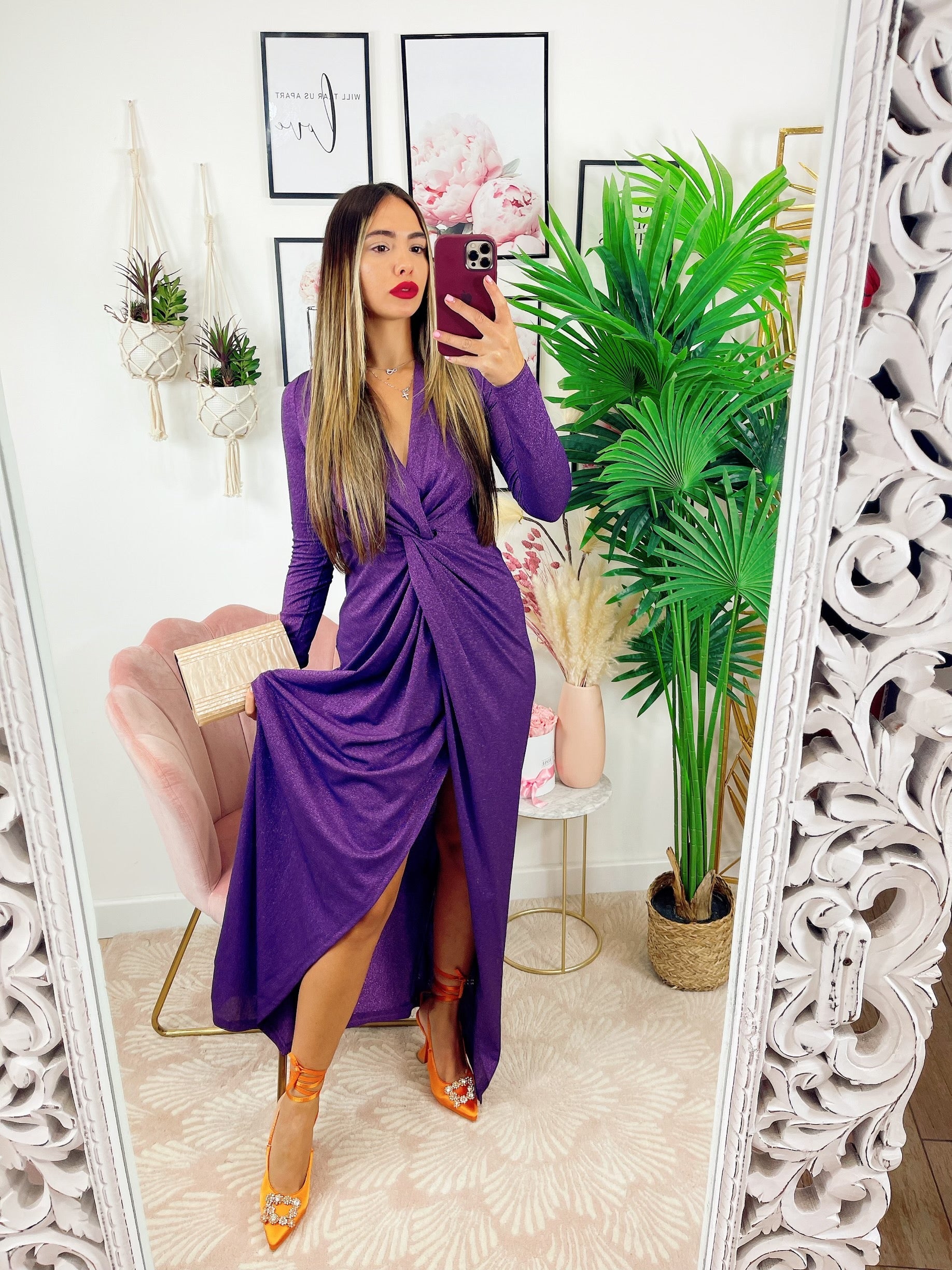 Abito glitterato lungo con nodo Purple