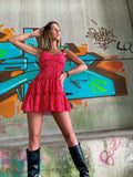 Abito a balze con gonna ampia a pois Rosso