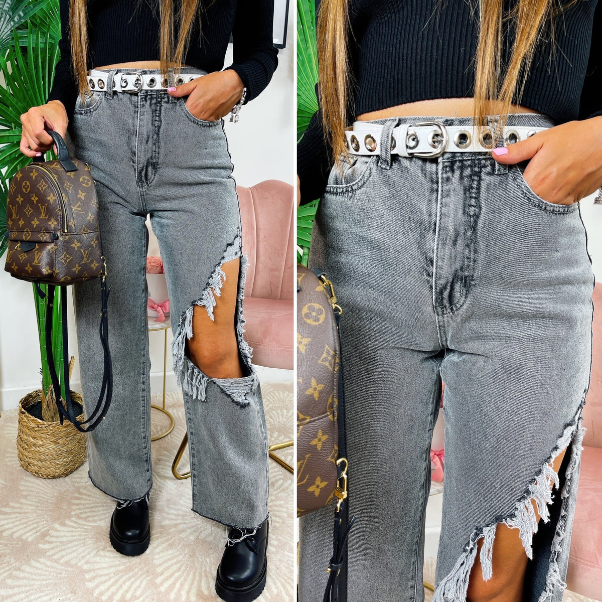 Jeans con maxi spacco grigio