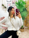 Maglione con bottoni gioiello e pizzo bianco